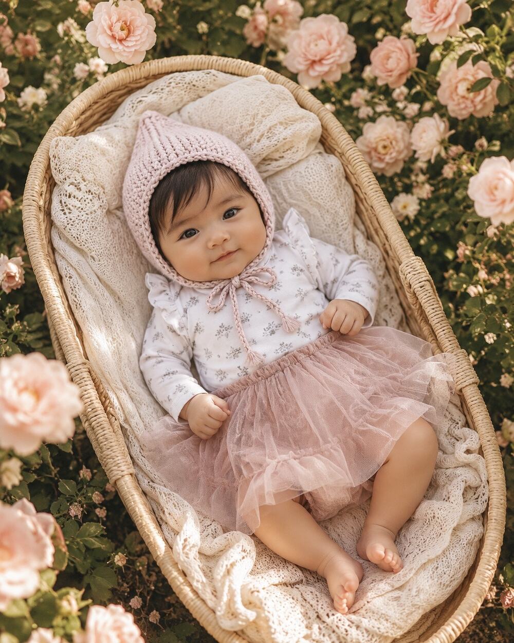 Blush Petal Pink Soft Knit pixie Baby Bonnet
